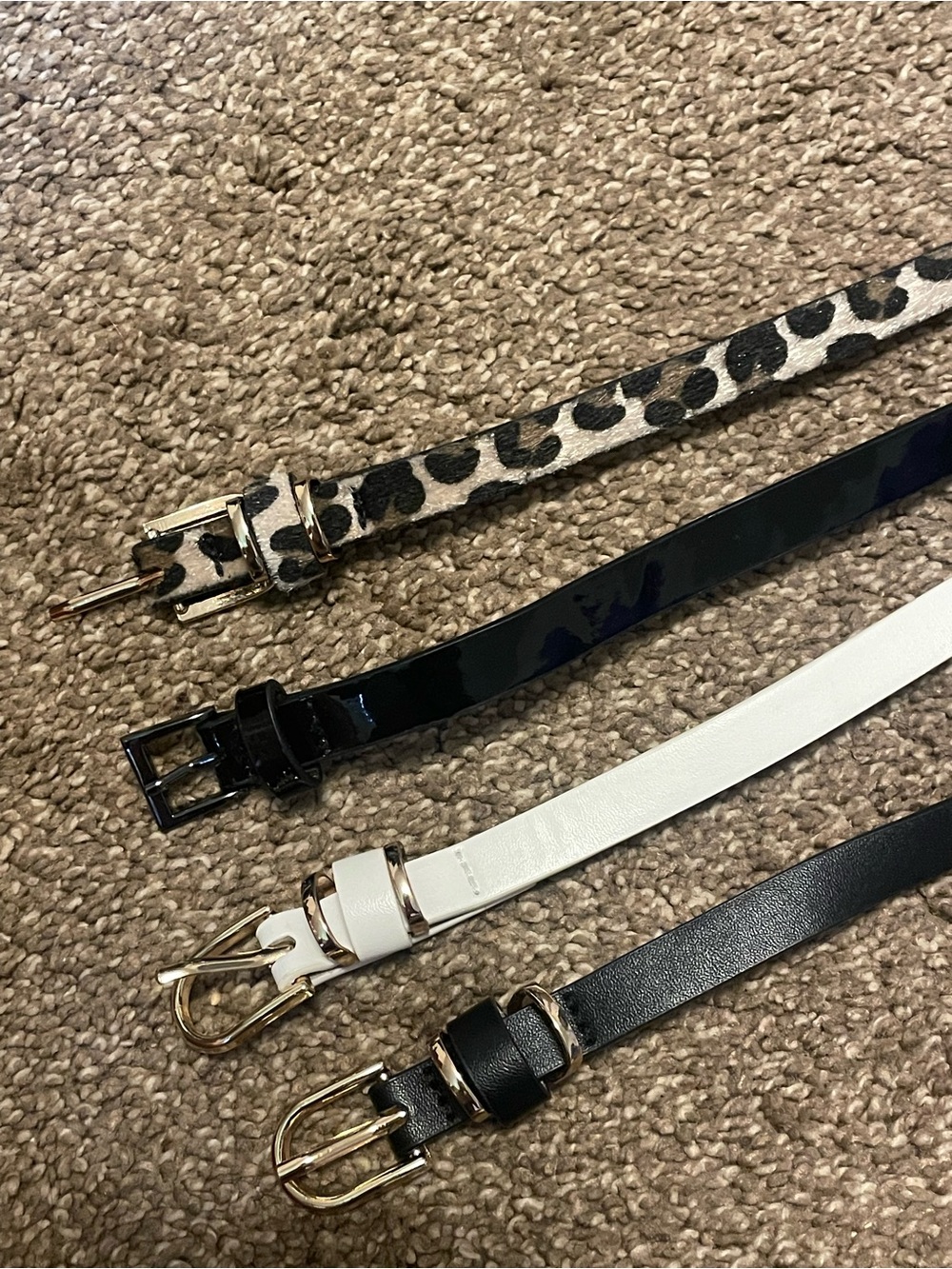 Women's 4-Pack Slim Fashion Belts - Black, White, Leopard, Glossy Black